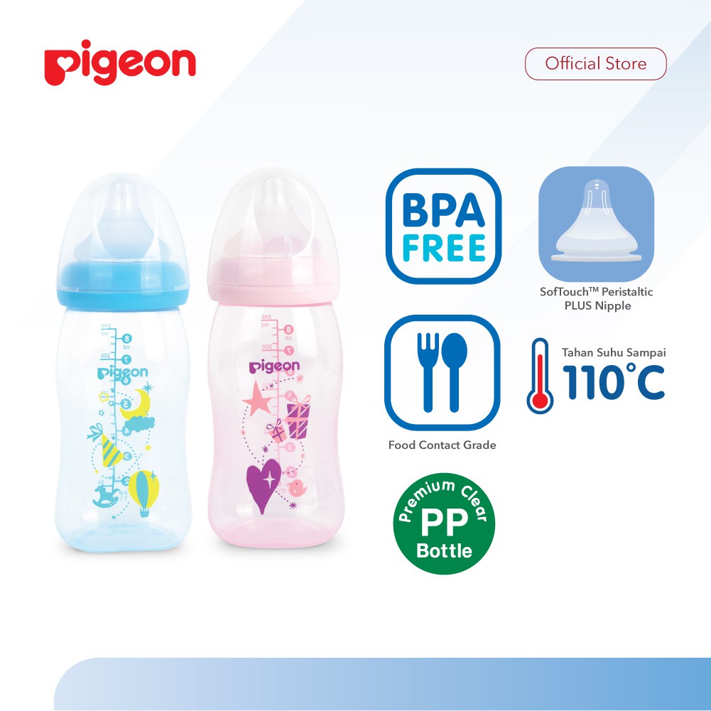 PIGEON Botol Susu PP Clear Wide Neck 240ML - Pink/Blue