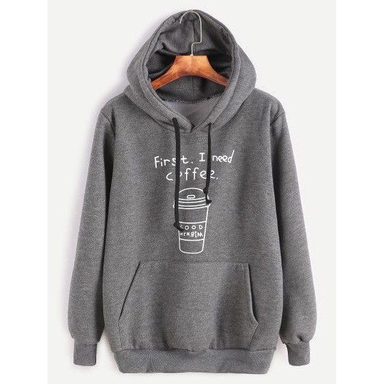 Sweater Wanita Hoodie Oversize Lengan Panjang Babyterry First I Need Coffee-Abu