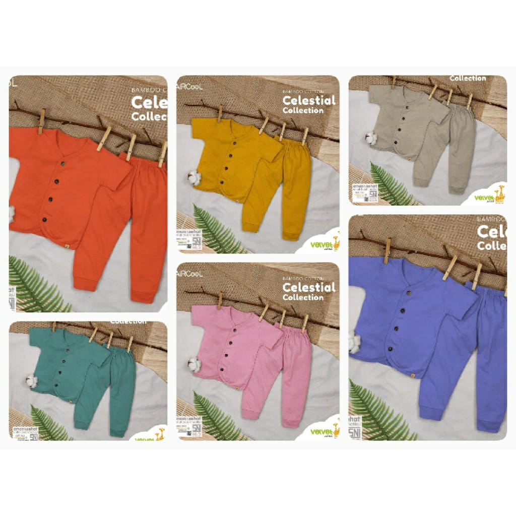 Velvet Junior Bamboo Cotton Celestrial Collection Setelan Pendek Celana Panjang Kancing Tengah  Warna Polos Random - CC-060C4 (Per2 Dan Per3)