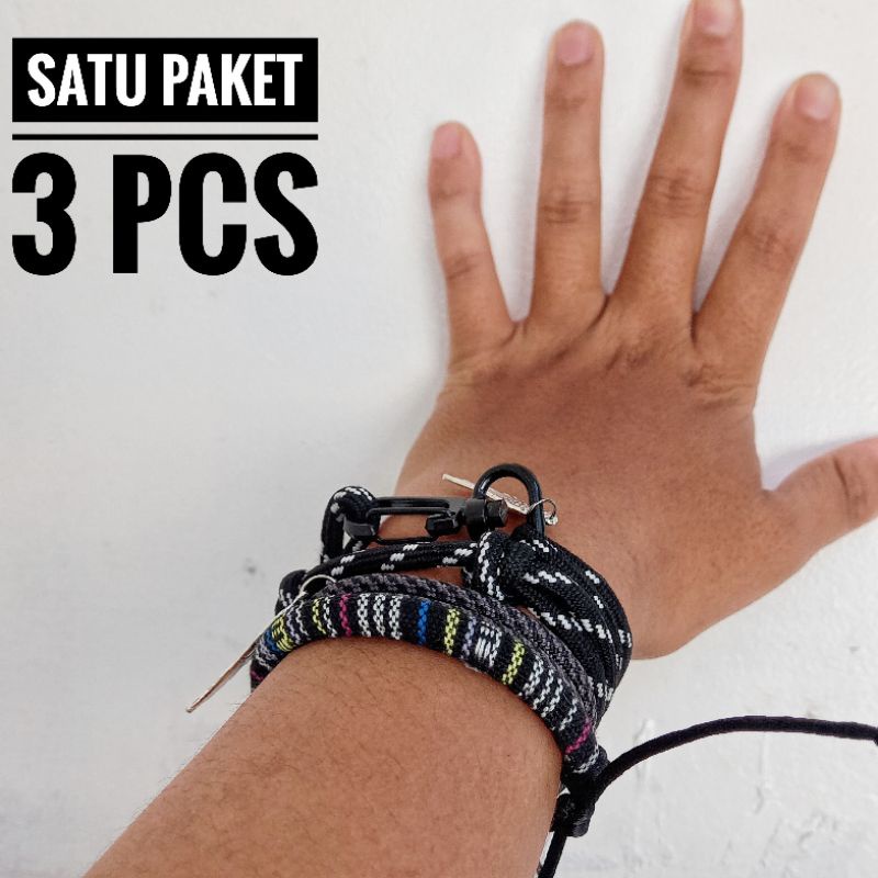 Gelang Pria Keren Hitam Paket Set Paracord Etnik Carabiner Cowok Laki Gantungan Charm Liontin Pendant Sayap Premium Murah