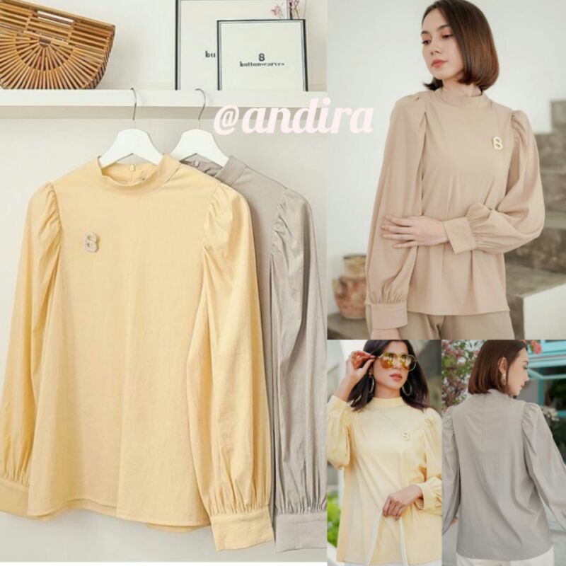 NEW Benang Jarum x Buttonscarves Naomi Puff Blouse Brown,Yellow,Grey Carissa pink