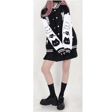 BLACK WHITE Baseball Varcity Jacket Oversize Wanita Sweater Berkancing Outfit Kece Kekinian Korean Style