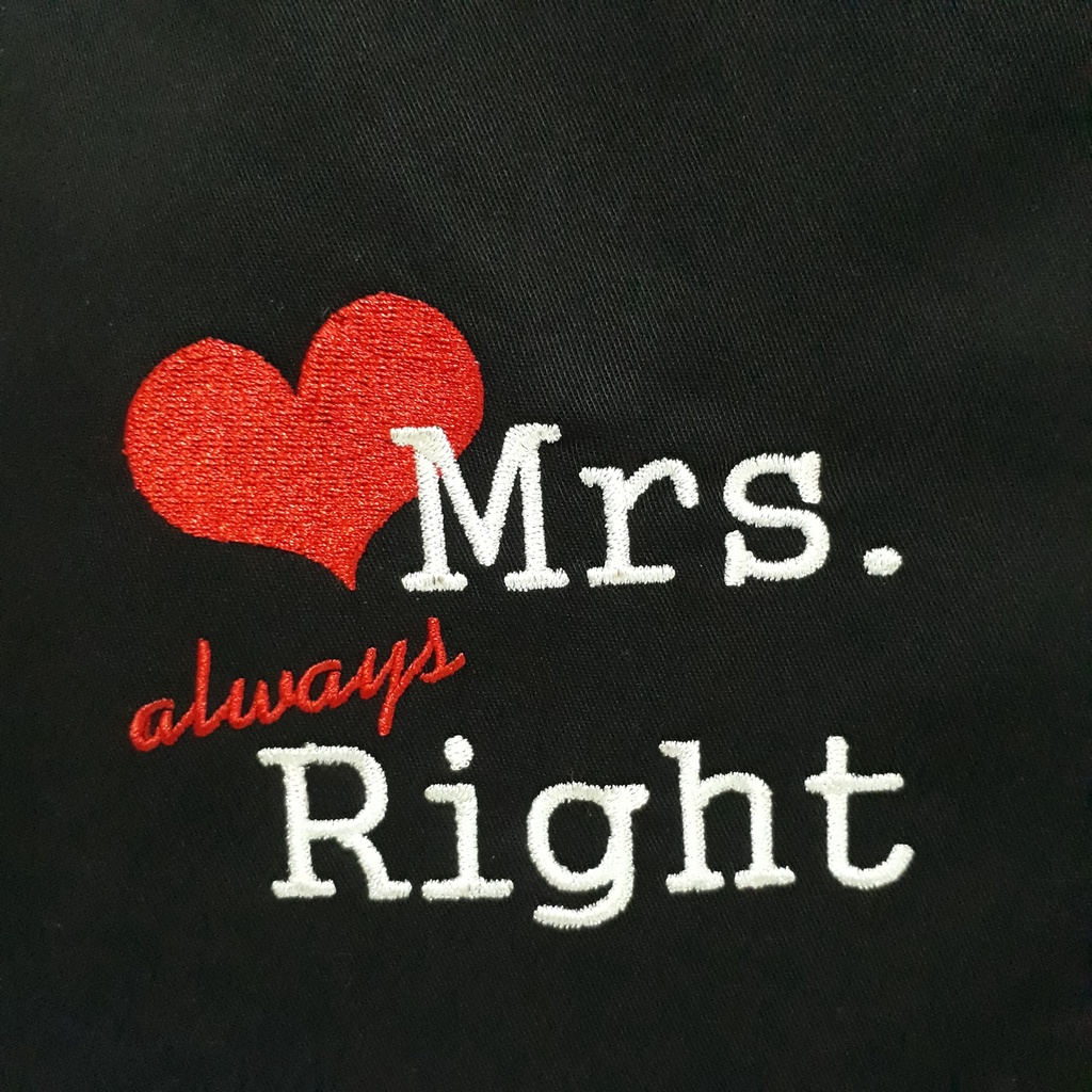 Chef Wear Apron / Celemek Full Hitam Bordir Mrs. Right