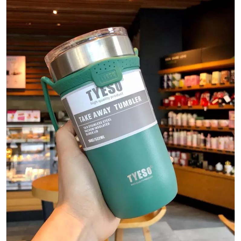 tyeso take away tumbler 100% ORIGINAL free sedotan double vacuum stainless steel coffee thermos with rope handle / botol minum portable premium quality / coffee tea tumbler