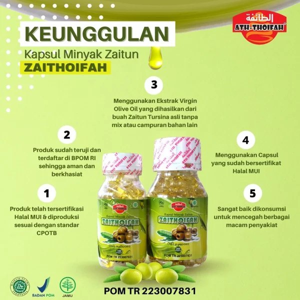 

Kapsul Minyak Zaitun Zaitoifah Asli Tanpa Campuran Extra Virgin Olive 100 KPS