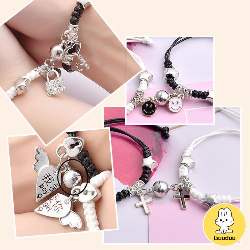 2 Pcs Fashion Magnet Gelang Palang Berbentuk Hati Kunci Gelang Wanita Pria Pasangan Perhiasan Aksesoris -Doo