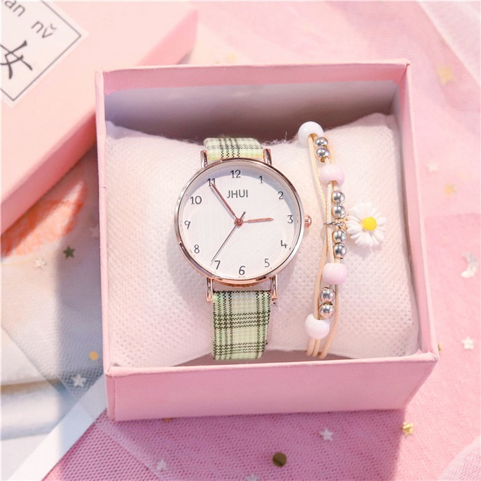 Jam Tangan Analog Wanita Quartz Strap Pu Leather Motif Kotak-Kotak Fashion Wanita Korean Watch-40-8 Hijau
