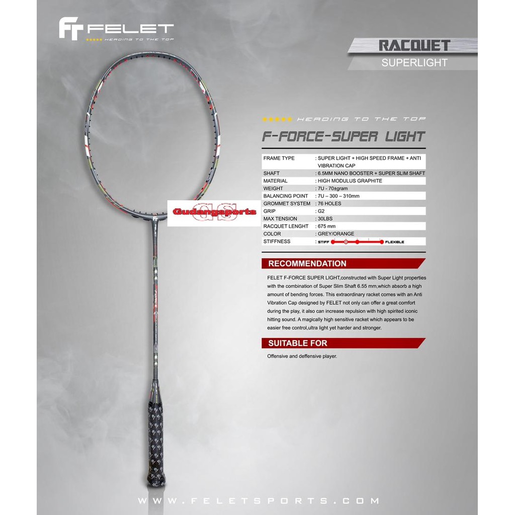 RAKET BADMINTON FLEET FELET F-FORCE SUPER LIGHT GREY/ORANGE ORIGINAL