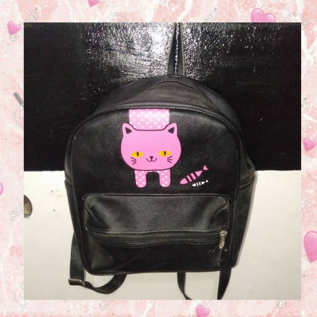 Ransel Hitam Cute cat kulit sintetis