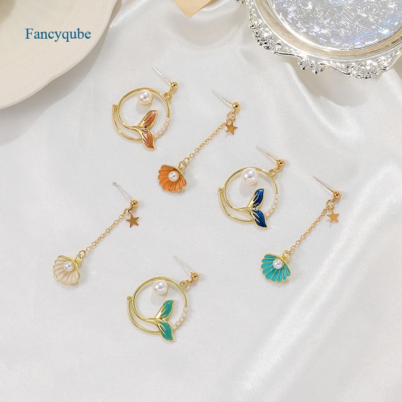 Fancyqube Anting Klip Desain Mermaid Asimetris Warna Biru Laut Untuk Wanita