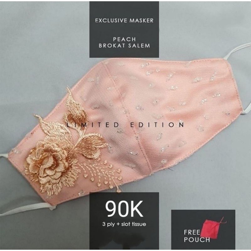 PEACH BROKAT SALEM 3D..Masker Kain Brokat Premium 3ply+slot tissue..Fashion/Pesta/Wedding