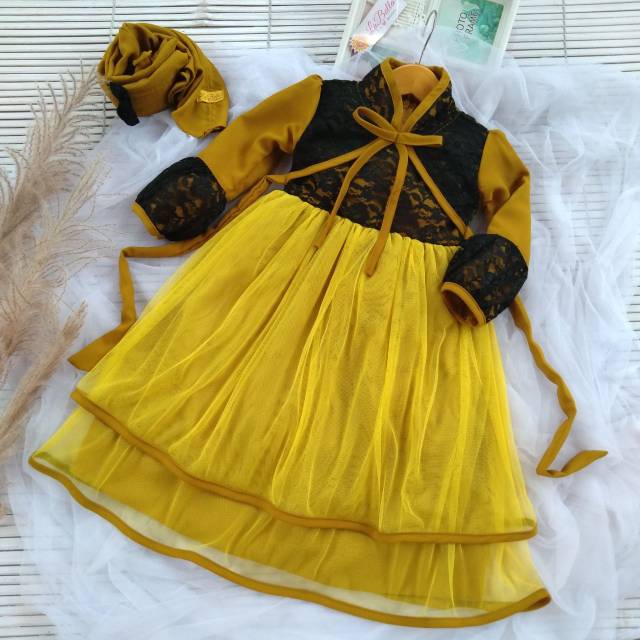 LABELLA 2-3 tahun Gamis Anak Pesta INDIRA Brukat Tutu Renda warna Lime