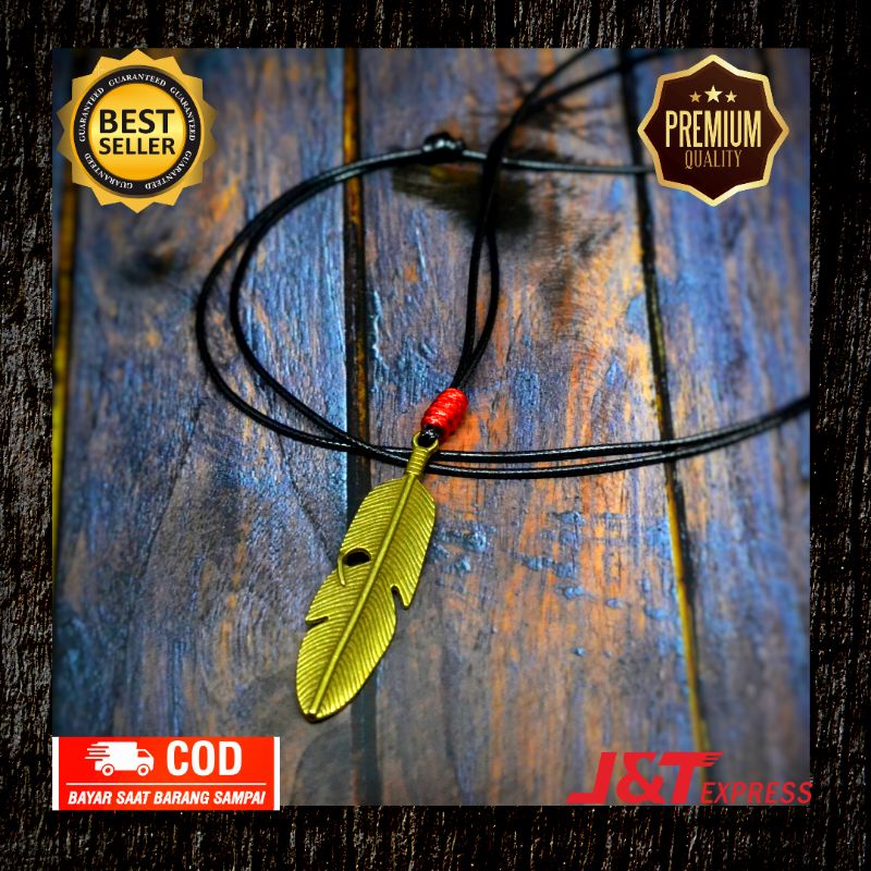 Kalung Tali Pria Titanium Liontin Bulu Besar Feather Warna Emas Antik Gold 3 Dimensi