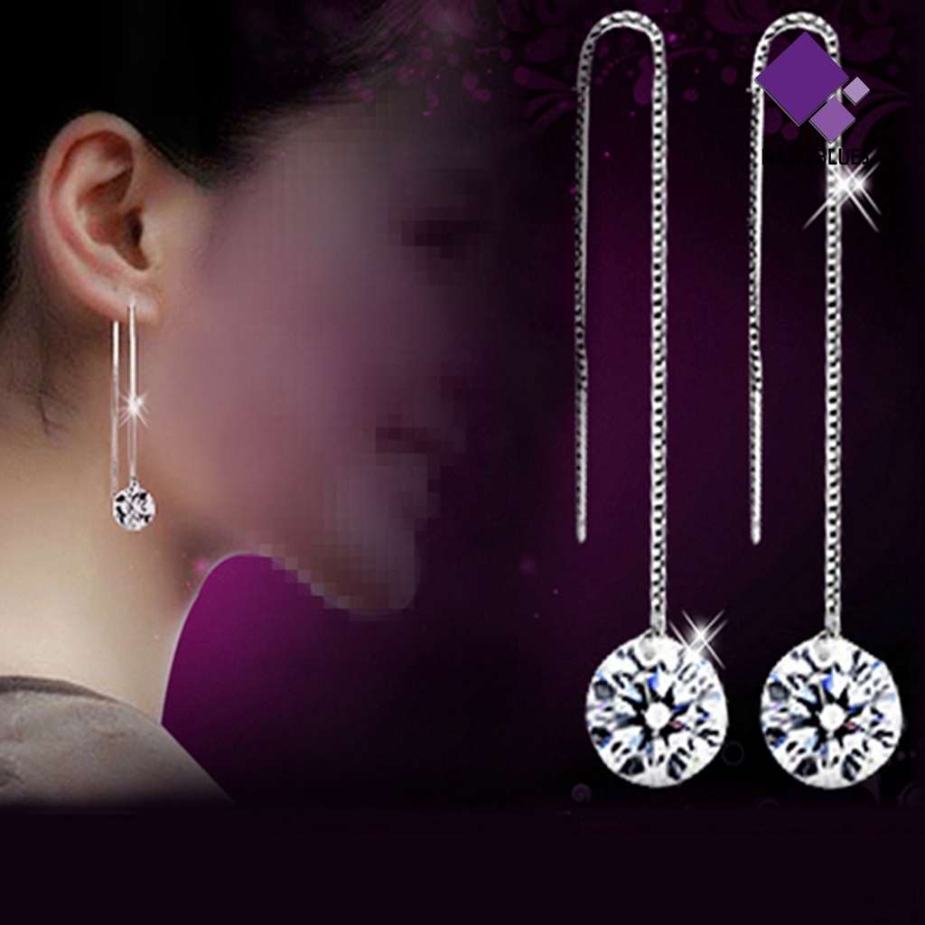 1 Pasang Anting Menjuntai Bentuk Bulat Bahan Cubic Zirconia Warna Silver Untuk Wanita