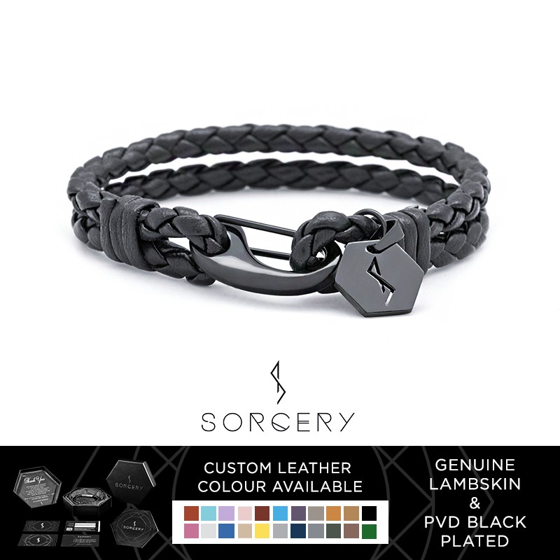 sorcery genuine leather gelang kulit asli pvd black   18k realgold pria wanita   ats01