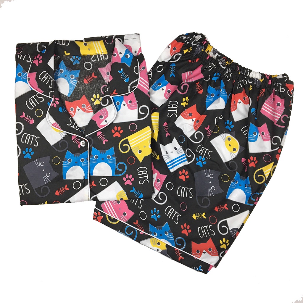 Setelan Piyama Dewasa Celana Pendek Lengan Pendek Hotpant All Size-HPL CATS BLACK