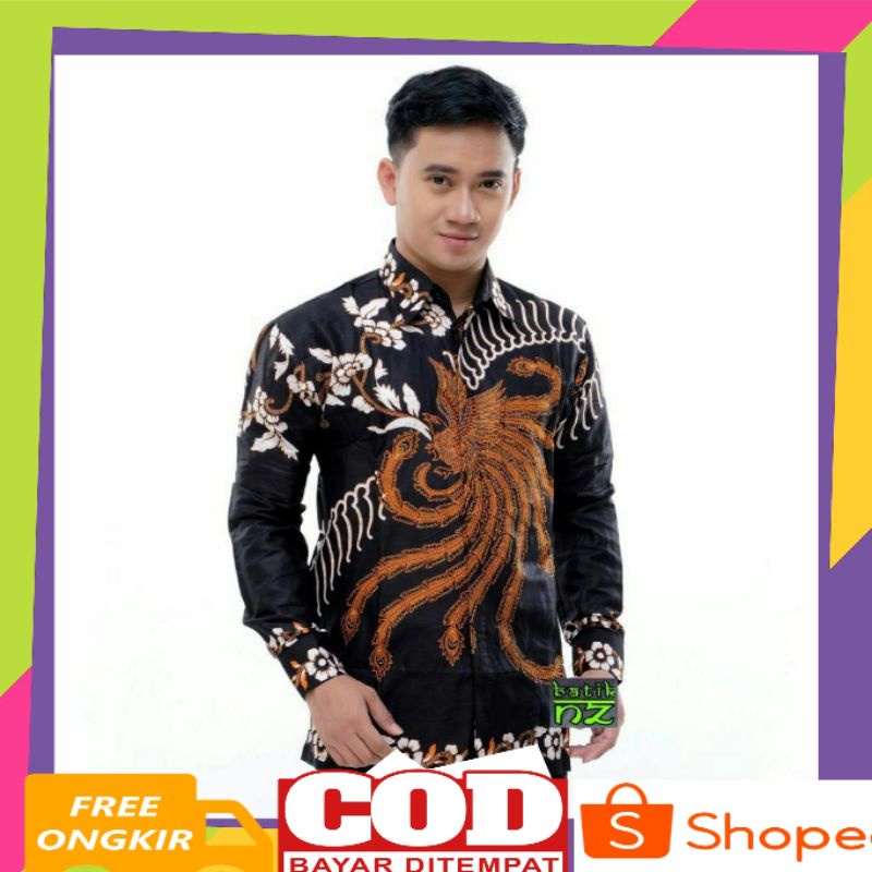 Kemeja Batik Cowok Batik Pria Modern Lengan Panjang Motif Cakra Kuning