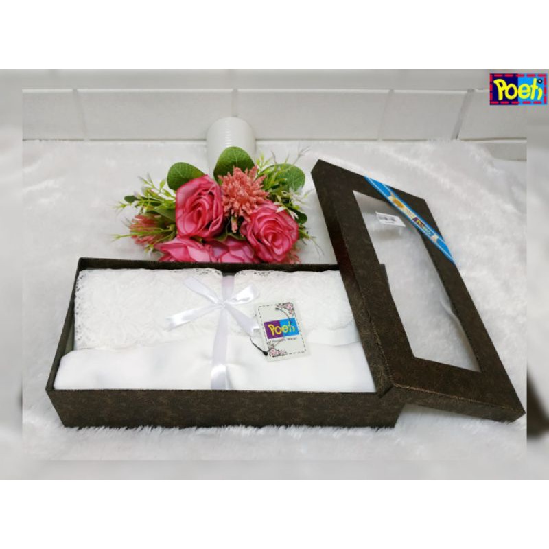 Mukena Poeti Silky Polos Full Renda Hitam Putih Souvenir Haji Umroh Pernikahan