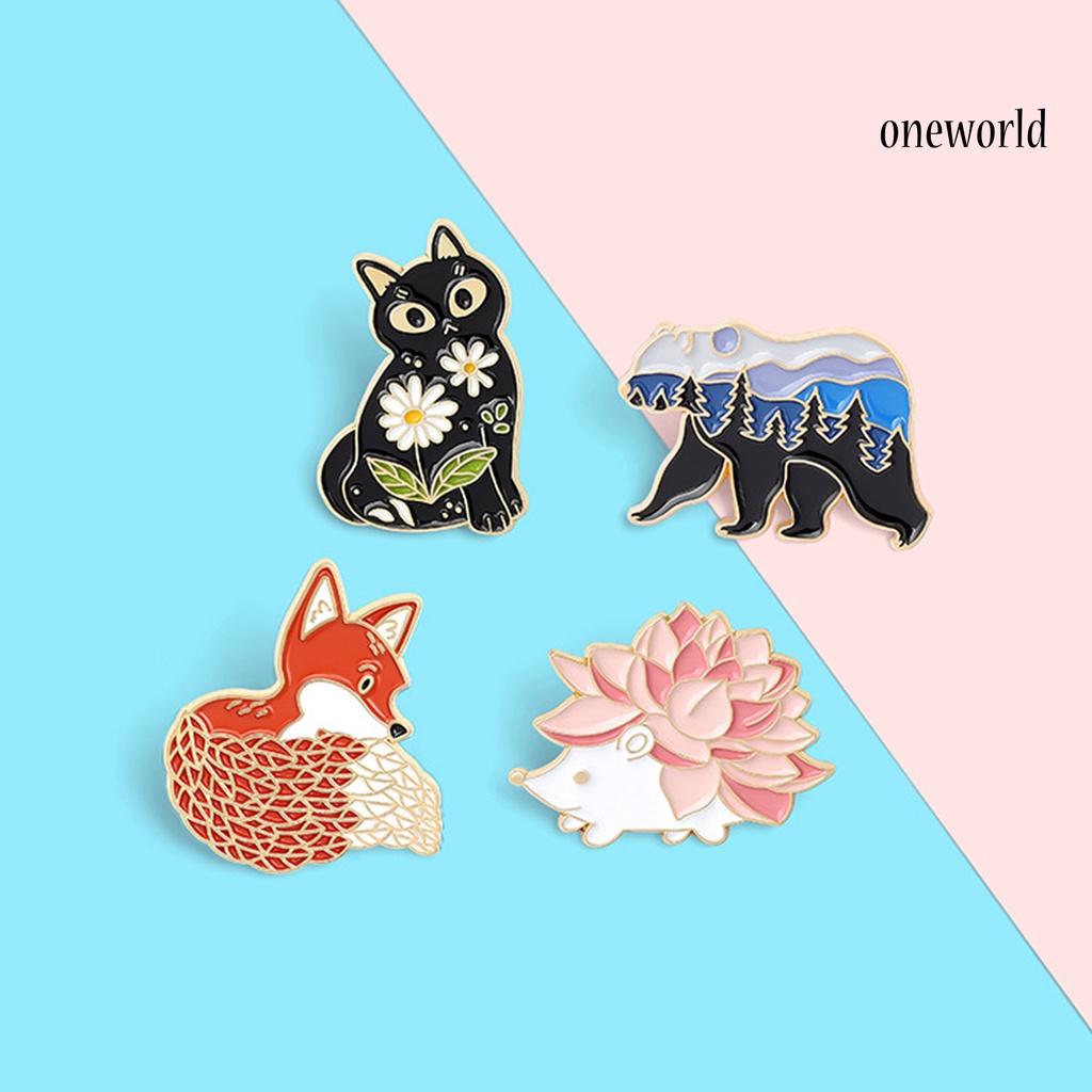 OW@ 4Pcs Animal Badge Fox Cartoon Flowers Design Cartoon Animal Japanese Style Enamel Brooch for Birthday Gifts