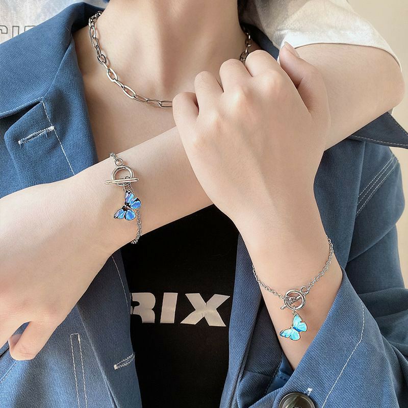 Gelang dan kalung charm rantai bentuk kupu kupu untuk pria wanita