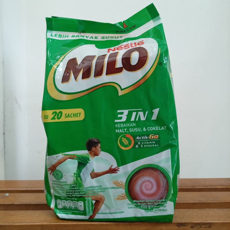 Milo 3 in 1 Malt, Susu & Cokelat, 1 kemasan isi 20 sachet