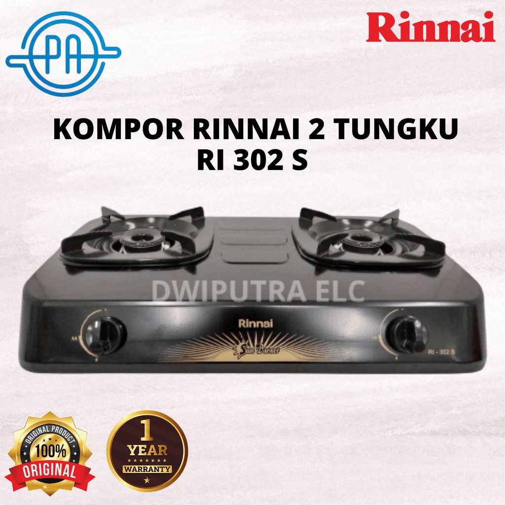 KOMPOR GAS RINNAI 2 TUNGKU RINNAI 302 S / RI302S SNI TEFLON WITH SUN BURNER