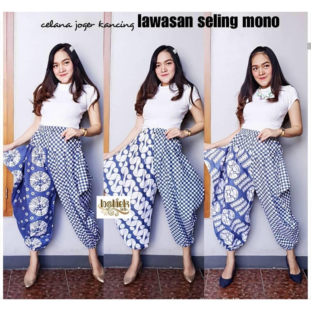 Celana JOGER Kancing BIRU Lawasan Seling Mono Batik Modern Bawahan Seragam Kantor Muslim Cantik Gaul