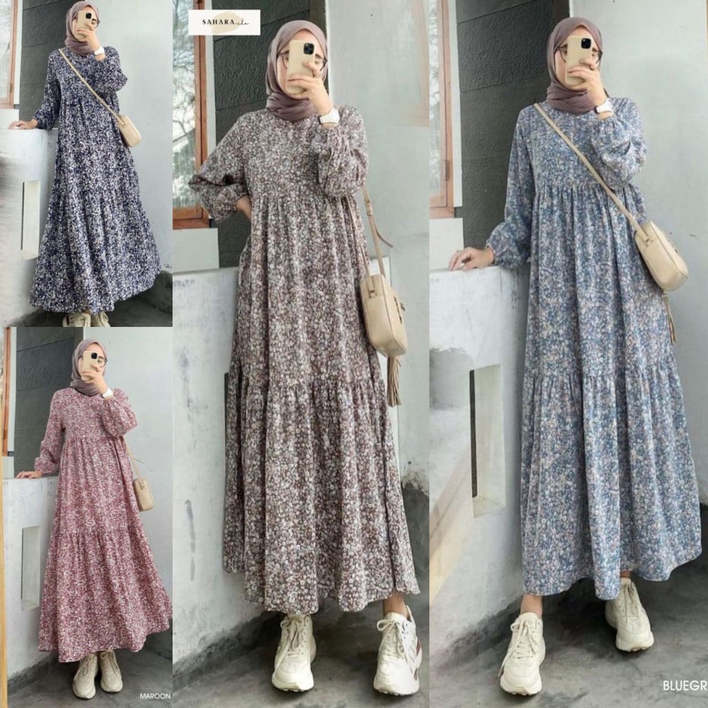 Midi Dress Casual Motif Bunga Busui Friendly // Korean Dress Rampel Motif Elegant // Gamis Rampel //