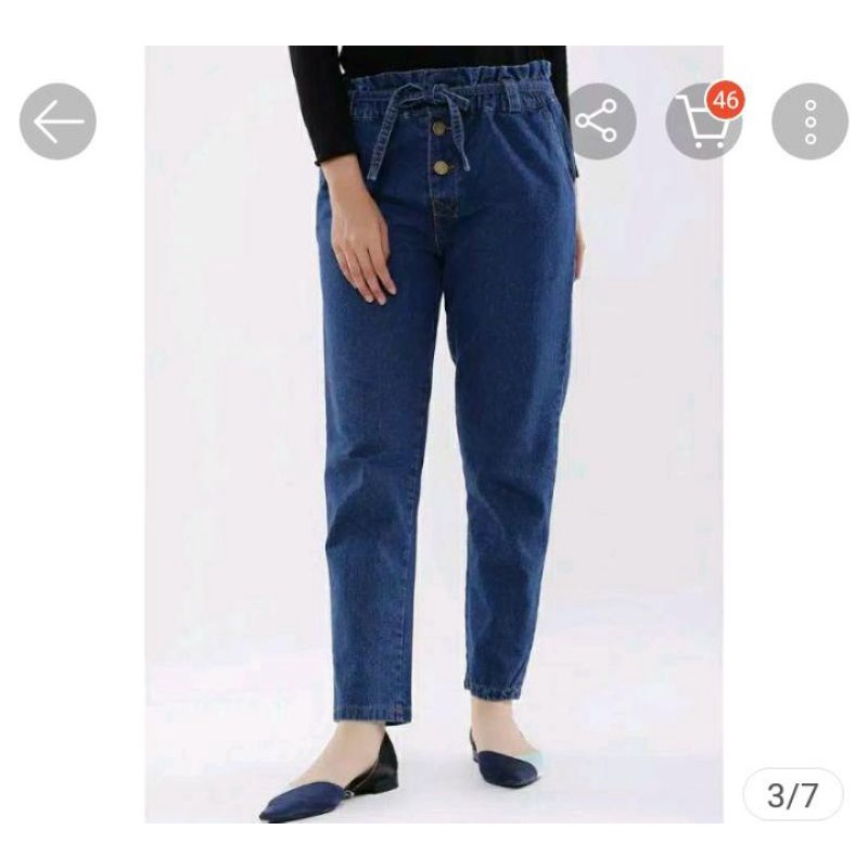 celana jumbo wanita baggy pant boyfriend jeans wanita pinggang karet melar