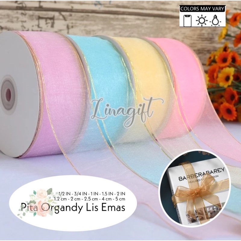 ( 3 Meter ) PITA ORGANDI LIS EMAS 12MM - SILK ORGANZA TRANSLUCENT ORGANDY GIFT RUBBIN GOLD EDGE 0.5 IN 1.2 CM 1/2 INCH