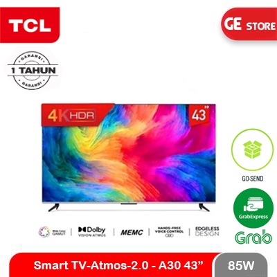 Smart TV TCL 43A30 - 4K UHD - Dolby - Atmos - HFVC 2.0 - MEMC - 43"