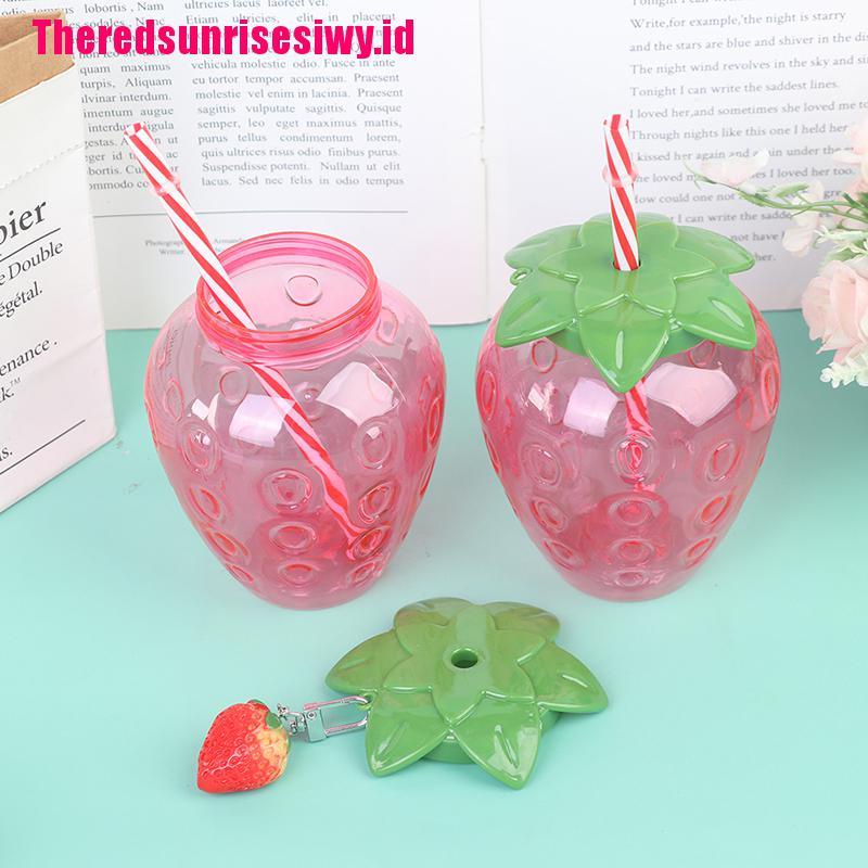 Kartun Lucu Strawberry Girl Heart Straw Cup Portable Gelas Plastik