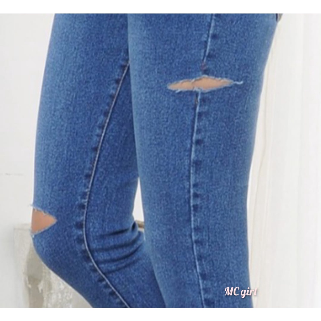 ( Size 31 - 34 ) MC girl - Celana Jeans Sobek Tidak Ada Lapis Jumbo Wanita / Celana Lepis Ripped Garis Big Size Cewek / Denim Pants Skinny Koyak Samping Tembus / Celana Panjang Pensil Cewe / Lgo