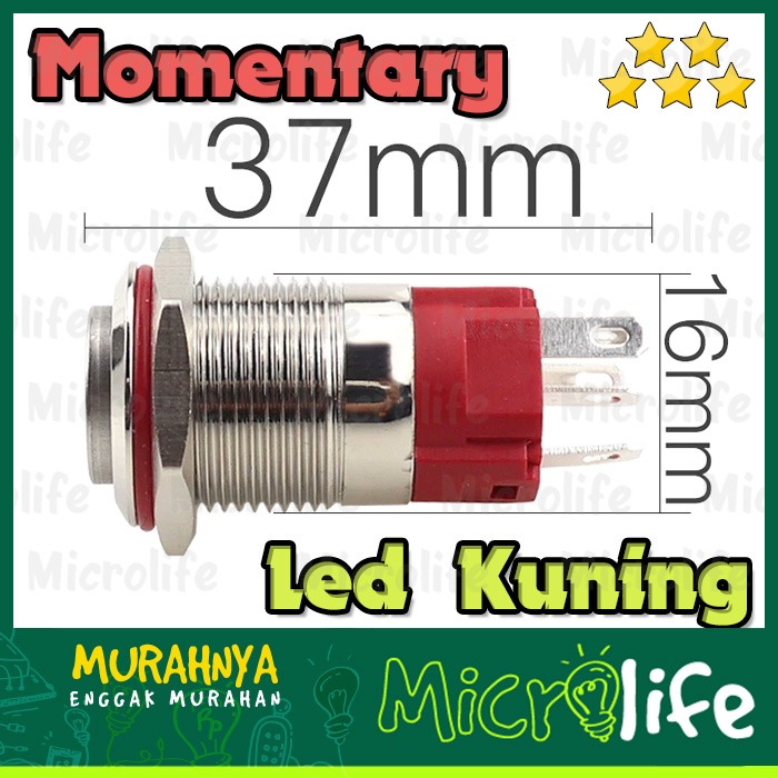 Push on Button Stainless Power LED Kuning 16mm 9-24v Momentary Yellow