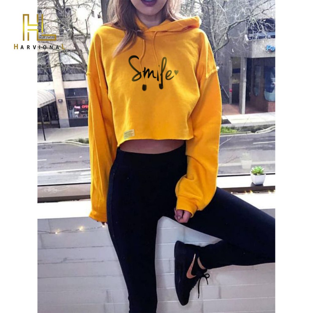 SWEATER CROP HOODIE SMILE LOVE  BAHAN FRENCHTERRY TERLARIS