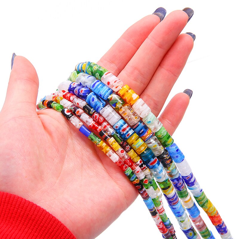 5x8mm/8x12mm 32-47Pcs Warna Campuran Bentuk Silinder Bunga Pola Kaca Lampwork Longgar Kerajinan Manik-manik untuk Membuat Perhiasan DIY Gelang