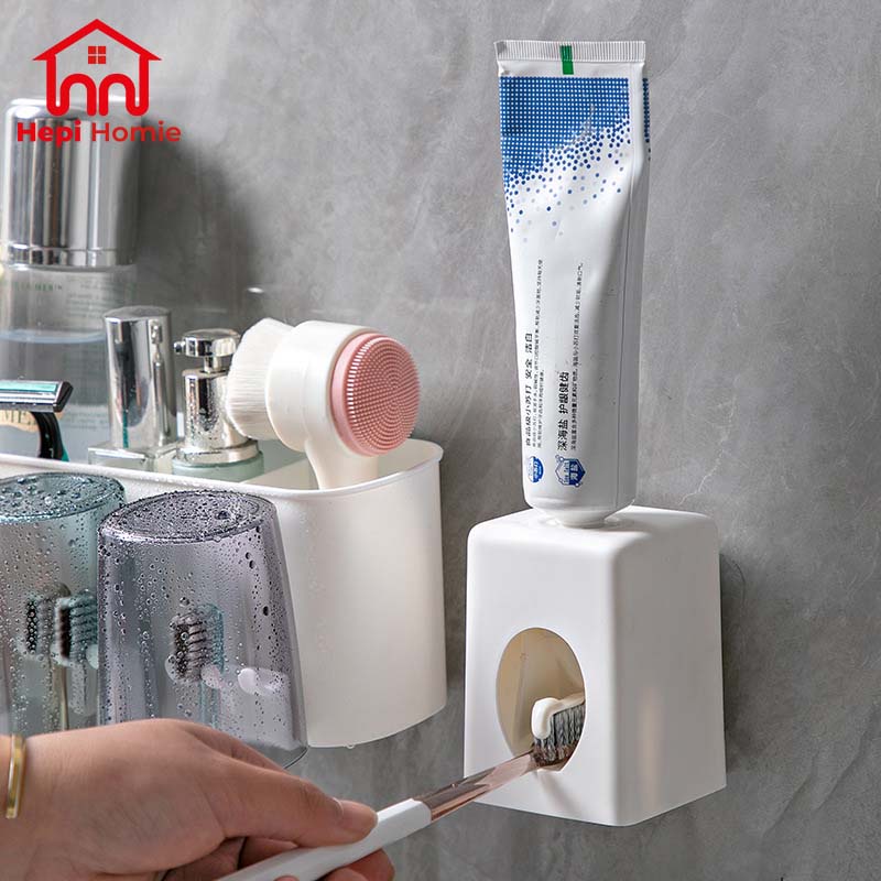 [HH] TOOTHBRUSH HOLDER CUP SET + TOOTHPASTE DISPENSER / RAK GANTUNG TEMPAT SIKAT GIGI &amp; ODOL TEMPEL DINDING / HANGING WALL BRUSHING MOUTHWASH CUPS