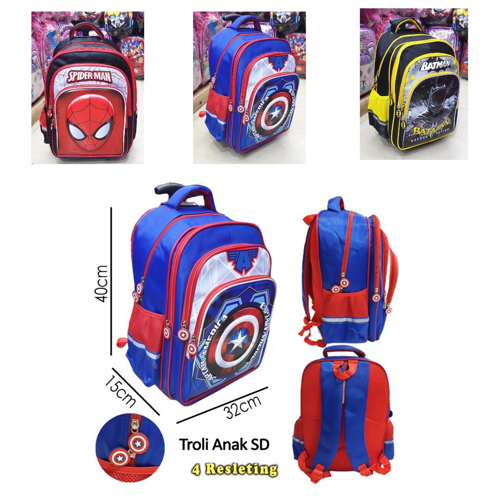 Tas Dorong Troli Anak Cowok SD Karakter SUPERHERO SPIDERMAN BATMAN AVENGERS - 4 KANTUNG IMPORT