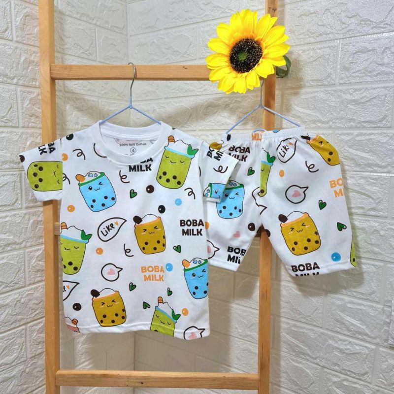 (Min 3pcs @35.000) Setelan kaos baju anak Boba Milk &amp; Dino