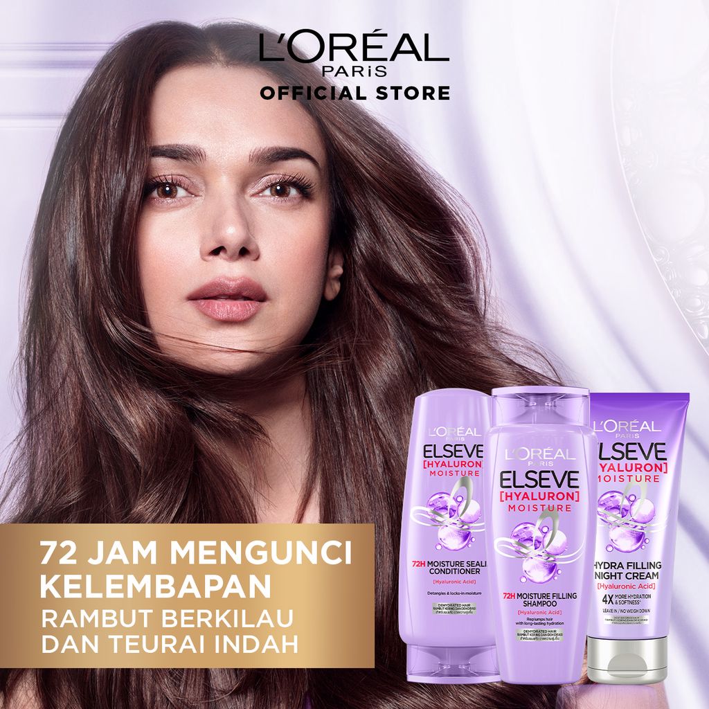 L’Oréal Paris ELSEVE Hyaluron Moisture Shampoo - Conditioner 280 ml - Hydra Filling Night Cream 150 ml (Hyaluronic Acid 72 Jam Mengunci Hidrasi Rambut) | LOREAL - TnT Beauty Shop