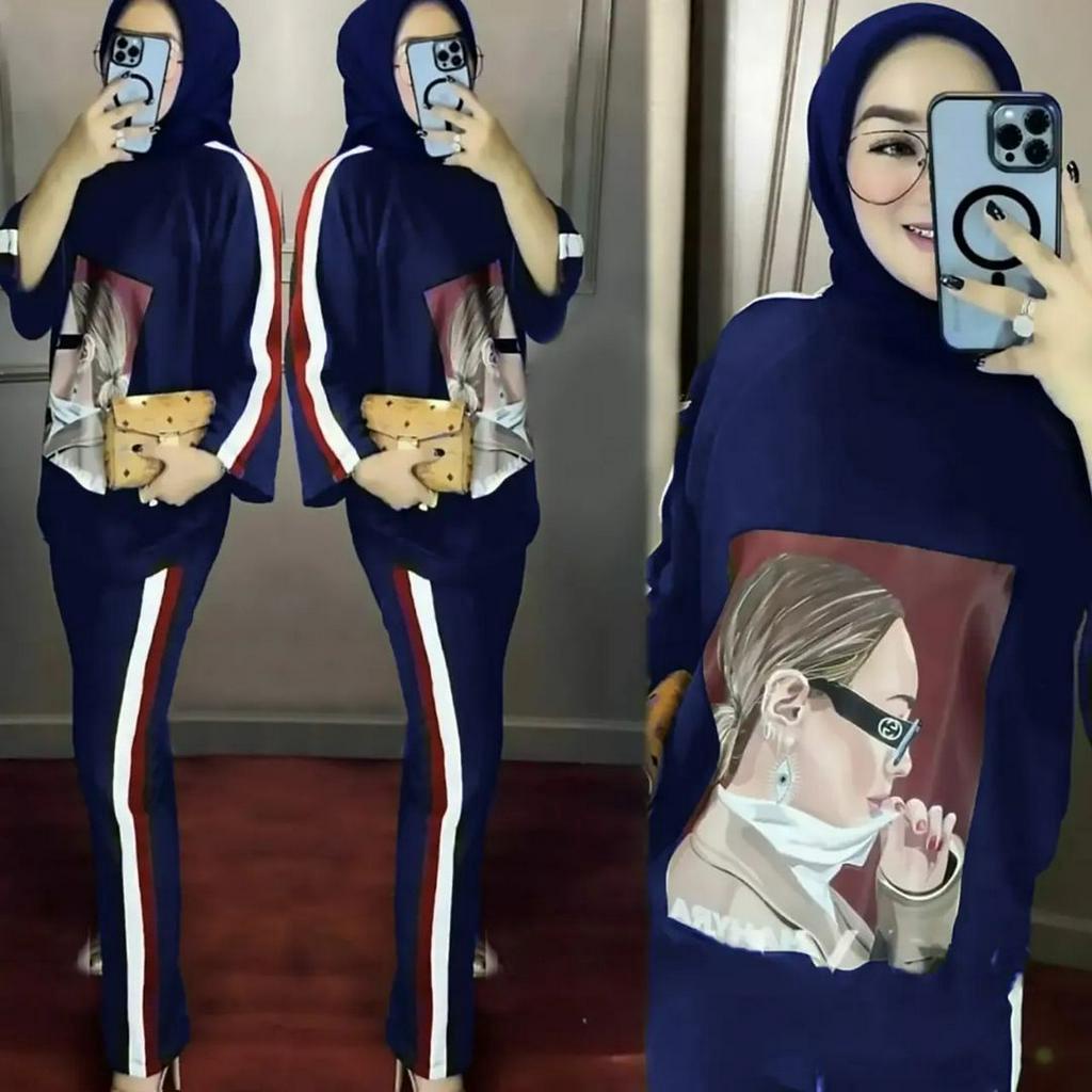 SETELAN WANITA KEKINIAN VICTORY BAHAN BABYTERY MOTIF POLOS APLIKASI SABLON DAPAT CELANA + BAJU LENGAN PANJANG LD 118 CM SETELAN TERBARU 2023 KEKINIAN SET ONE SET WANITA KEKINIAN KOREAN STYLE SET JUMBO BAJU MUSLIM WANITA MODERN