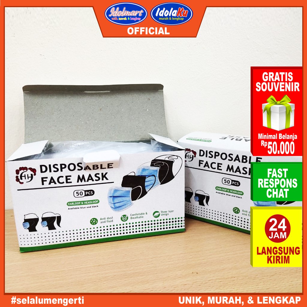 IDOLMART Masker Disposable Earloop 3 PLY isi 50 Pcs/Anti Bakteri Masker Surabaya