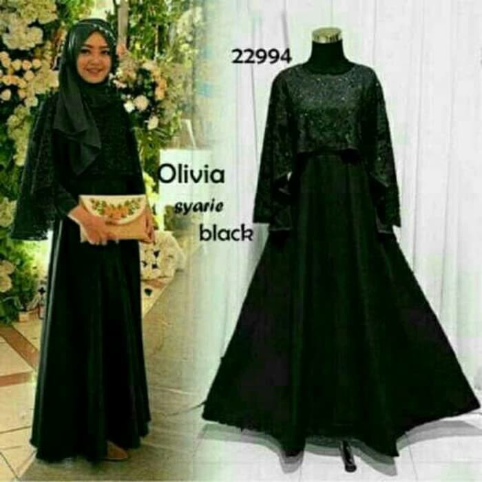 DISKON GAMIS SYARI BROKAT HITAM / BAJU PESTA CAPE BRUKAT MAXI OLIVIA HITAM MasDonaShop