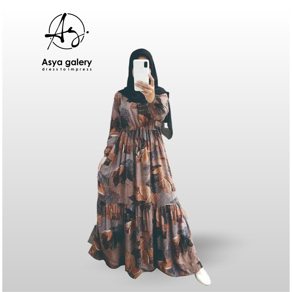Gamis Wanita Rayon Motif Daun Terlaris