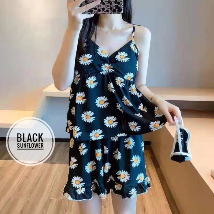 BAJU TIDUR SEXY / BAJU TIDUR SET CELANA PENDEK / BRALETTE - KODE E - BLACK SUNFLOWER, L