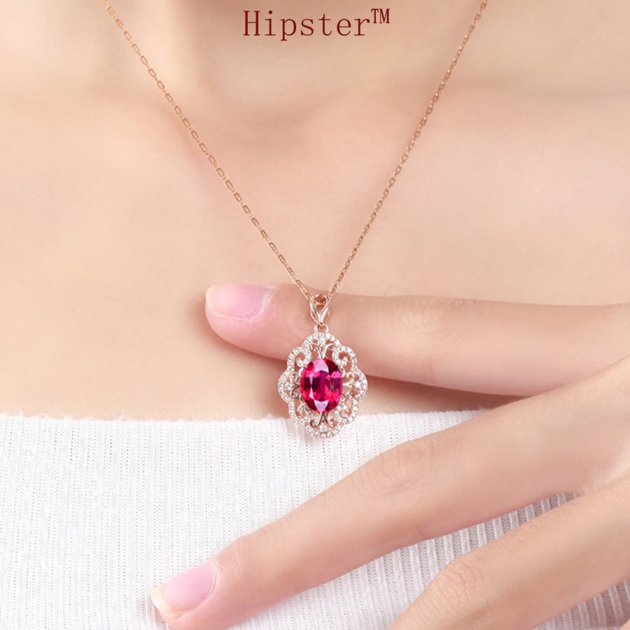 New Rose Gold Hollow Rose Red Ring Ruby Earrings Collarbone Necklace Set