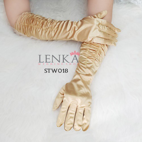 [BISACOD] AKSESORIS SARUNG TANGAN WANITA PESTA WEDDING GOLD SATIN STW018