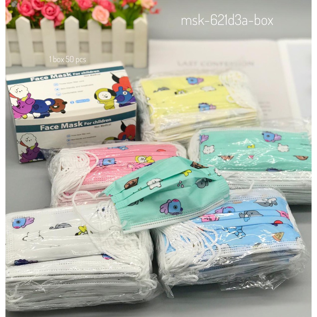 Masker mulut Tebal isi 50Pcs/BOX Motif Anak BTS BT21 IMPORT 3Ply High Quality K-POP KPOP KOREA IDOL