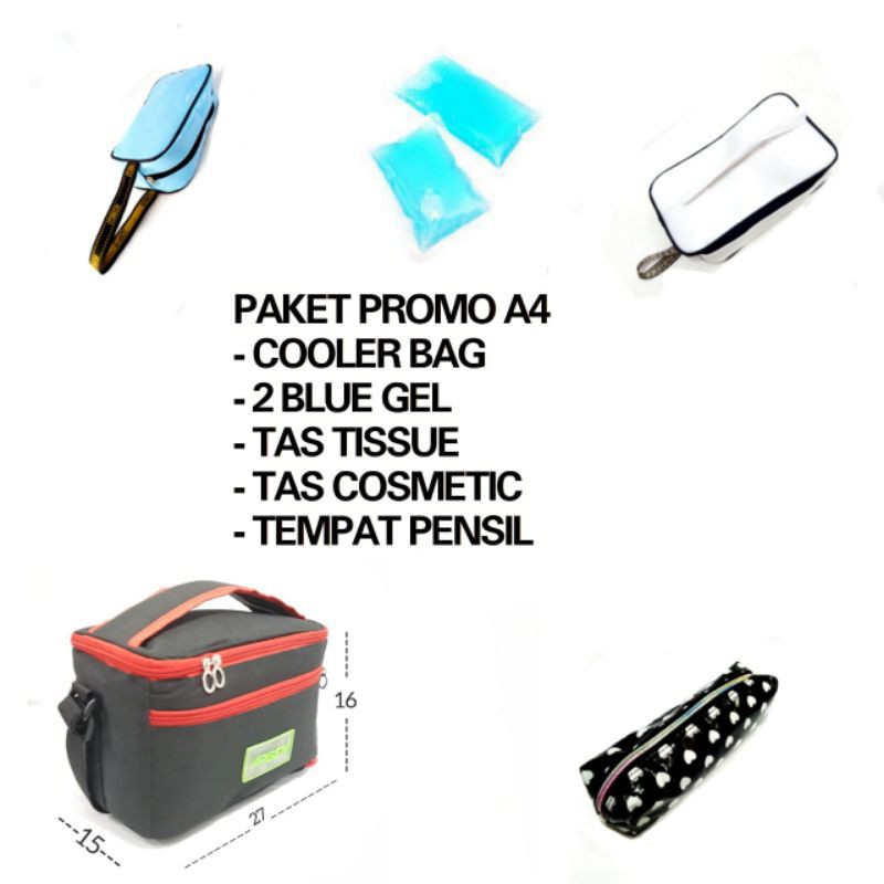 PROMO PAKET A4 , COOLER BAG ARGEN + 2 BLUE GEL + 1 TEMPAT PENSIL + 1 TAS COSMETIC + 1 TAS TISU sy66