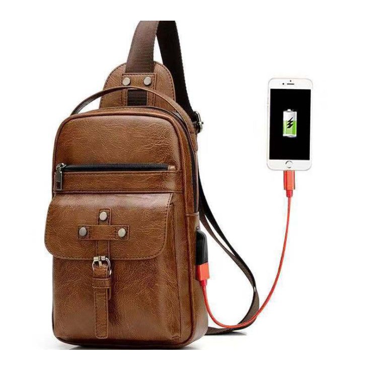 Pasarlelaki Tas Selempang Kulit Pria Import USB Port Slempang Sling Bag